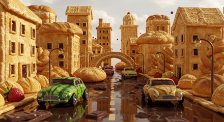 Delicious cityscape made of sweets with candy cars driving through chocolate river at midday