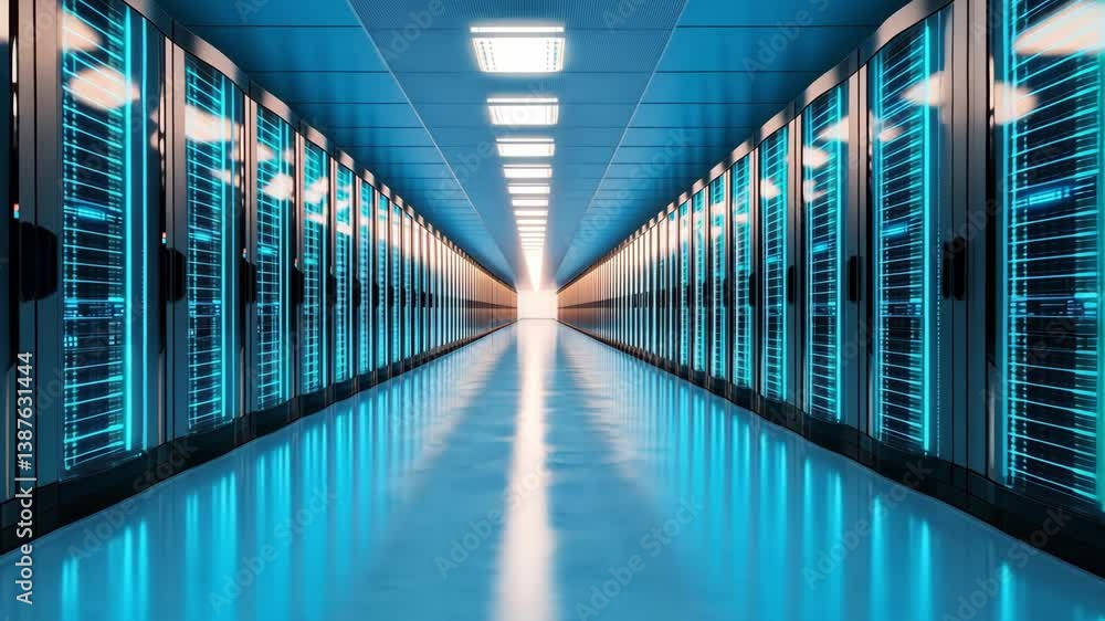 Poster illuminated blue server racks in modern data center corridor showcasing advanced technology and futu