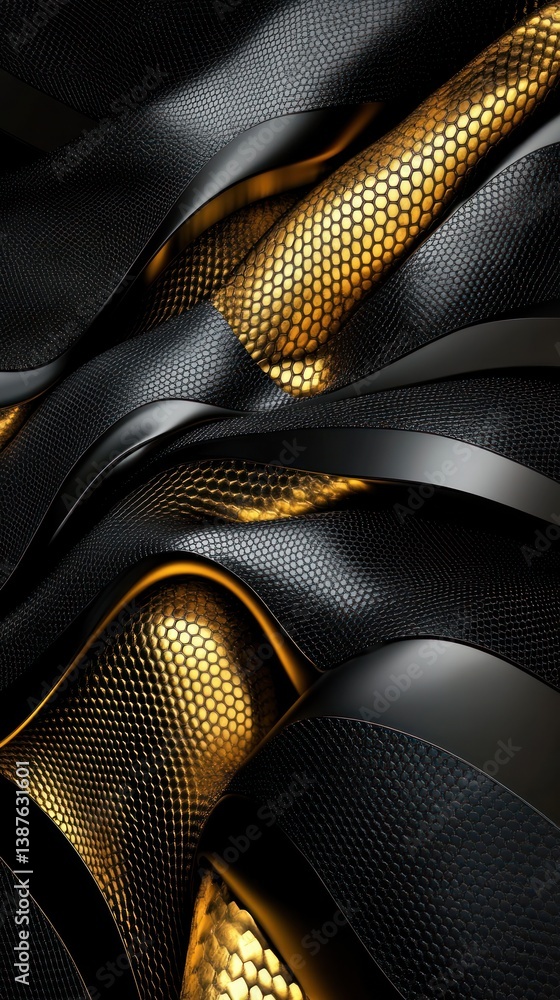Poster ever-evolving black and gold textures merge to create rhythmic patterned art. vertical.