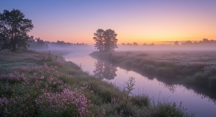 Misty morning landscape with vibrant colors over a tranquil river and lush flowers in the foreground at dawn