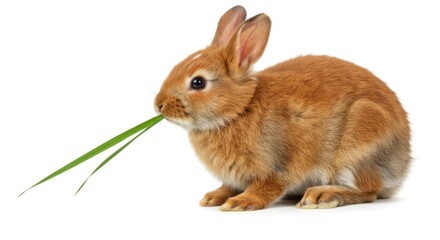 Fototapeta premium Rabbit Eating Grass Isolated on White Background Pet Animal