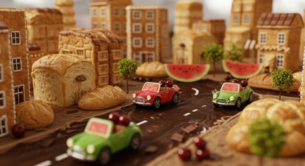 Creative mini food landscape featuring candy cars and baked goods in a whimsical city setting