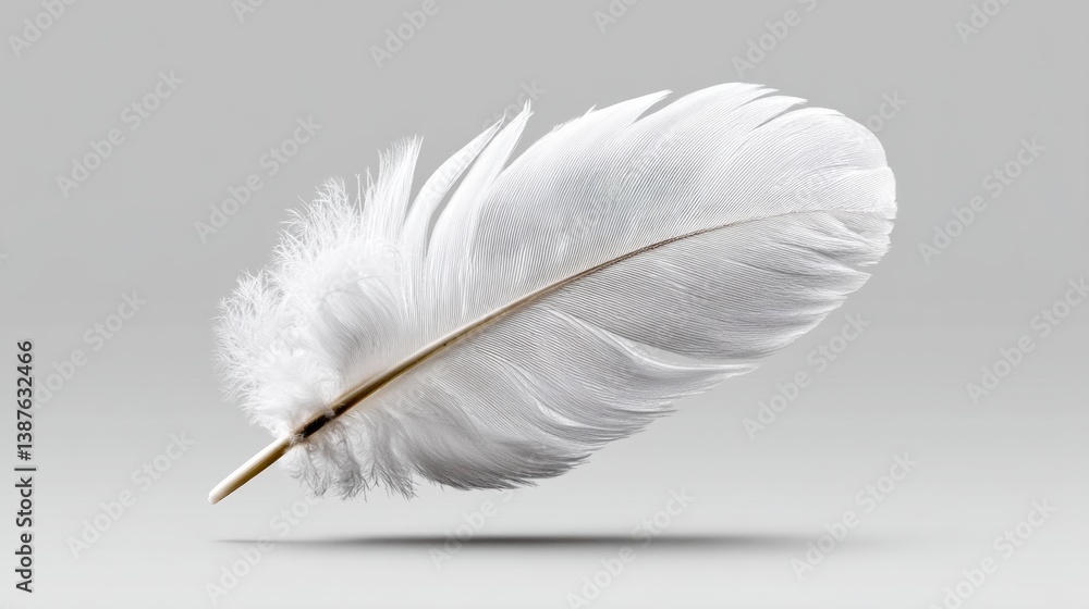 Poster white feather is shown in a close up. the feather is light and delicate, with a slight curve at the 