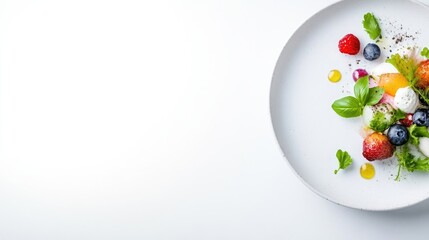 A colorful summer salad with fresh berries and greens on a white plate, minimalist composition with negative space, and healthy eating concept.