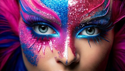 A close-up of a face adorned with vibrant, colorful makeup featuring blue and pink glitter, emphasizing striking eyes and dramatic eyelashes.