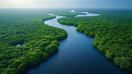 River's Embrace: An aerial view of a winding river flowing through a vibrant, verdant forest, illustrating the serene beauty of nature.