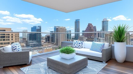 A luxury penthouse balcony with a breathtaking view of a bustling city skyline
