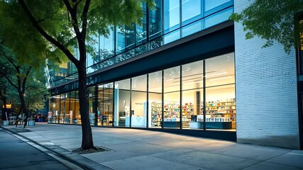 Contemporary urban pharmacy entrance, nestled into a pristine white brick structure, glass facade towering above, with trees lining the sidewalk