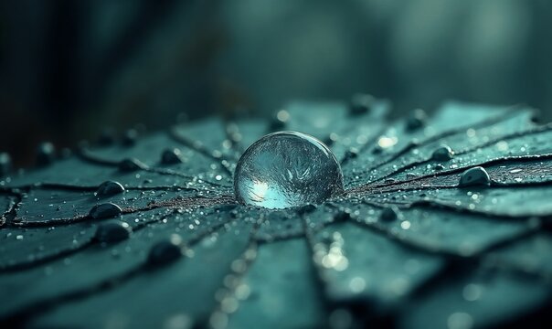 Abstract macro image of a glass ball on a sheet covered with water droplets