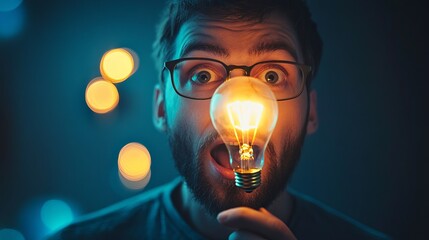 Man holding light bulb idea concept creative innovation inspiration eureka moment lightbulb bright