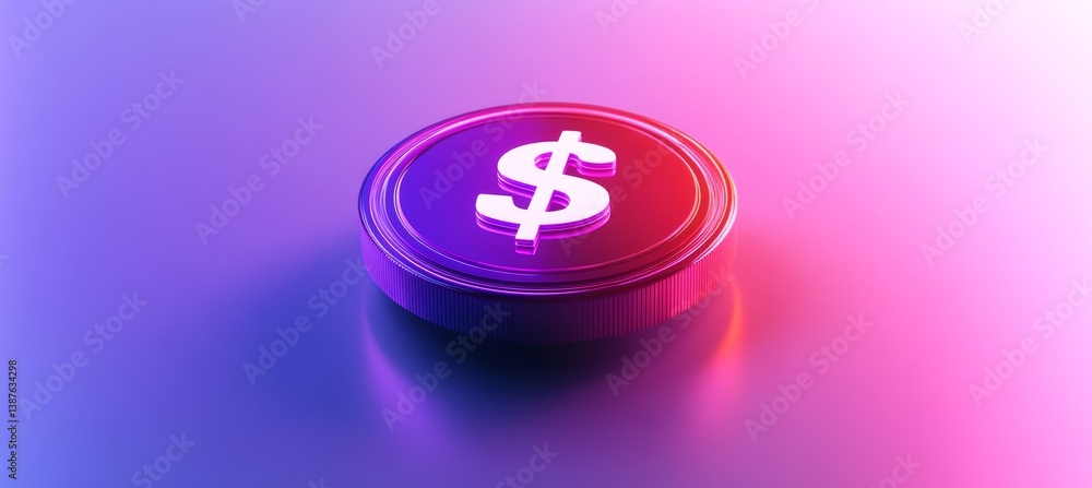 Poster dollar coin with purple pink light. digital currency payment transaction. generative ai technology.