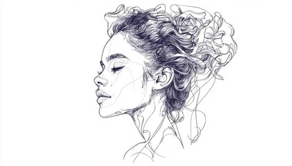 Fototapeta premium The concept of mental health and attention is illustrated in a pencil line drawing with a contemplative expression
