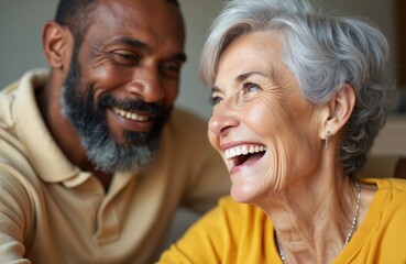 Biracial senior woman, african american man share joyful moment. Close up portrait shows senior lady laughing. Happy retirement lifestyle, support, togetherness. Nursing home concept with friends,