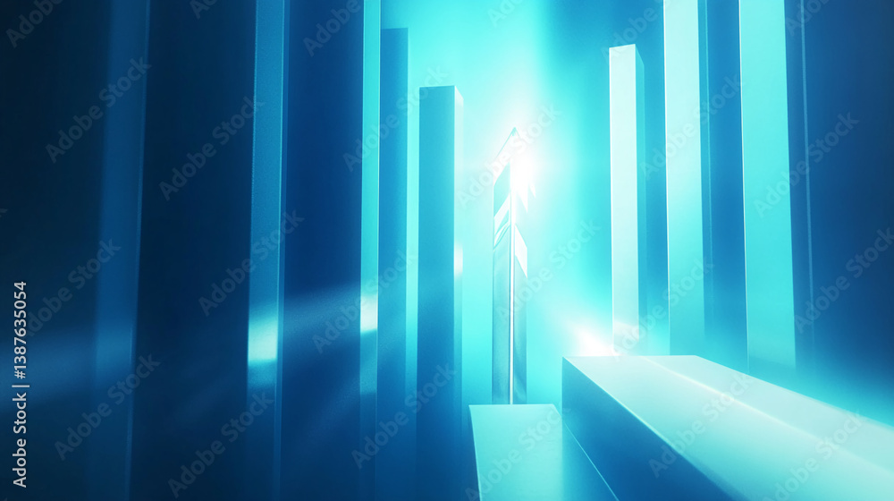Poster abstract blue scene with illuminated geometric shapes, creating a showcase or podium effect, suggest