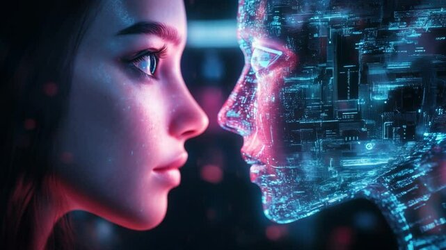 Digital Soulmate: A portrait of a woman gazing intently at a digital humanoid, evoking a futuristic blend of humanity and artificial intelligence.