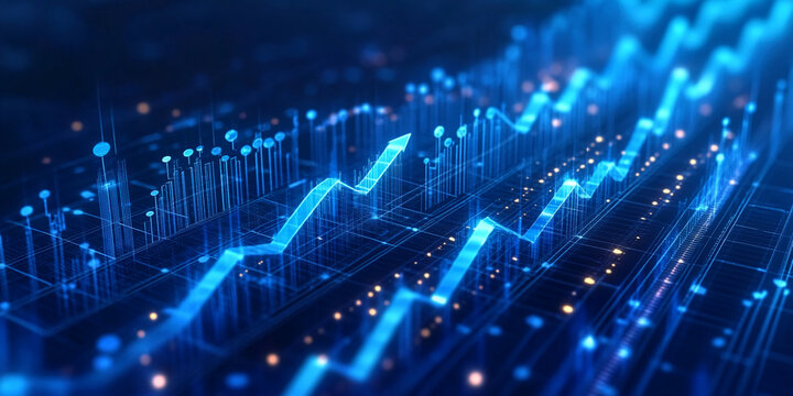 Abstract blue glowing graph showcasing upward trend, symbolizing growth, progress, and success in business and finance