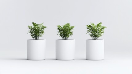 Obraz premium Three potted plants in white cylindrical containers against a plain white background. A minimalist, modern, and clean design