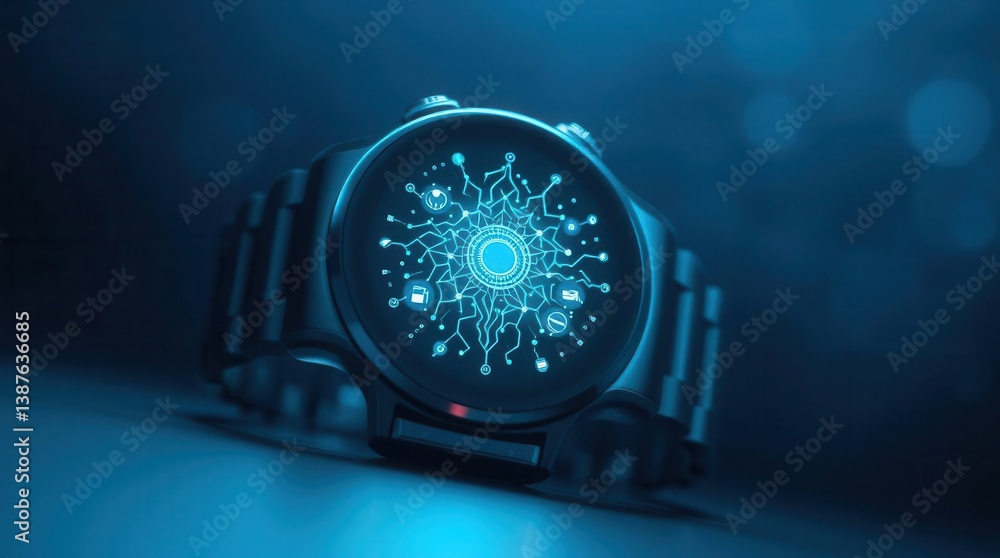 Poster high-tech smartwatch displaying complex futuristic interface in a dark blue setting with a metal wri
