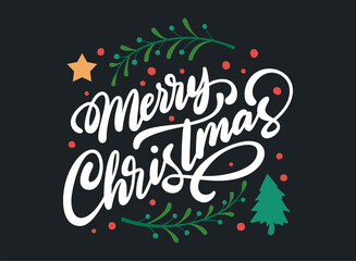 Merry christmas lettering with black background vector graphic illustration