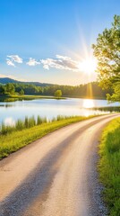 Sunlit Lakeside Country Road at Sunset