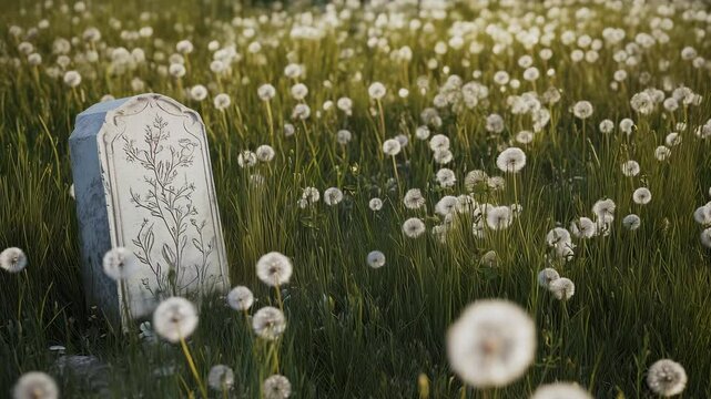A serene meadow filled with dandelions showcases a grawe stone  surrounded by lush green grass during sunset.