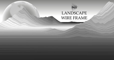 Abstract digital representation of a surface with a 3D wireframe grid pattern, showcasing peaks and valleys resembling terrain. A large, semi-transparent sphere with a dotted texture adds a futuristic