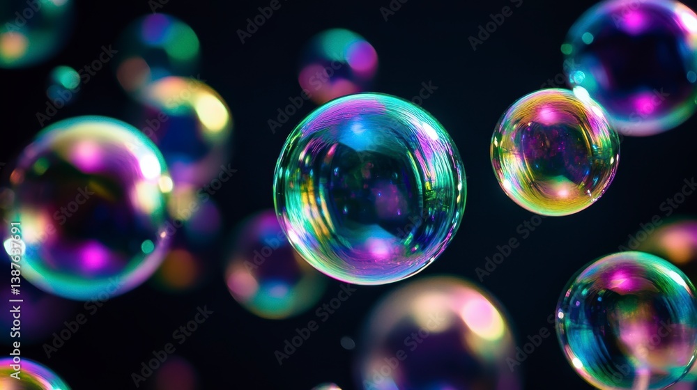 Poster iridescent soap bubbles floating in dark background.