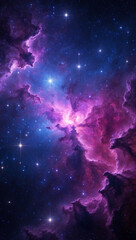 Deep space scene with vibrant nebulae in purple, blue, and pink shades, sparkling stars scattered throughout, universe background wallpaper