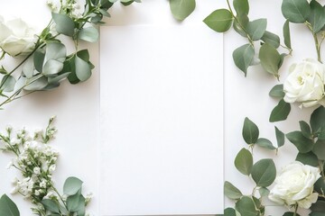 Elegant White Blank Card with Roses and Eucalyptus Border Design