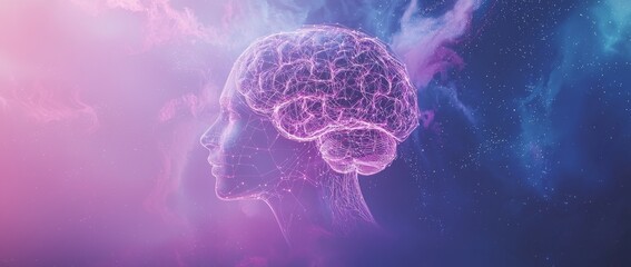 The digital art piece presents a side view of a human head with a luminous, vibrant brain, signifying complex mental operations and neurological understanding, all set against a purple-colored