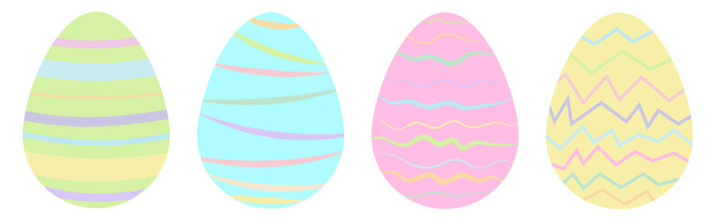 Set of four multicolored pastel easter eggs with ornament of lines and zigzags