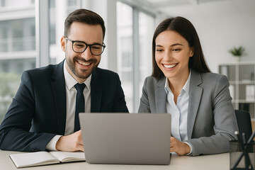 Fototapeta premium Collaboration and Joy: Two professionals, smiling and engaged, sharing a moment over a laptop, embodying modern office synergy.