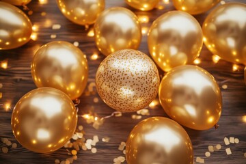 Golden balloons and string lights on wood table for celebration concept