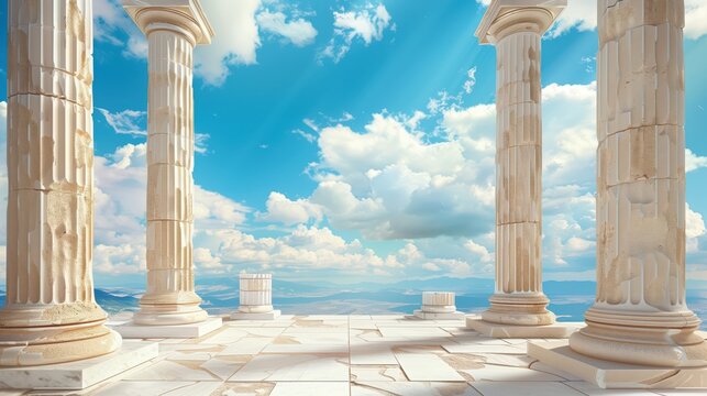 Marble columns of an ancient greek temple dominating a sunny valley under a beautiful cloudy sky, evoking peace and history