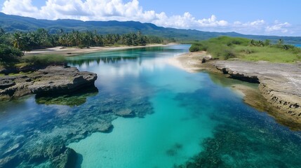 Obraz premium Scenic Tropical Lagoon With Crystal Clear Waters and Surrounding Lush Vegetation