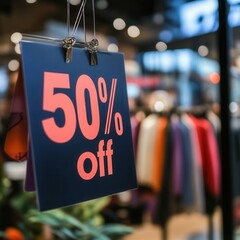 50% off sign in clothing store with blurred colorful background