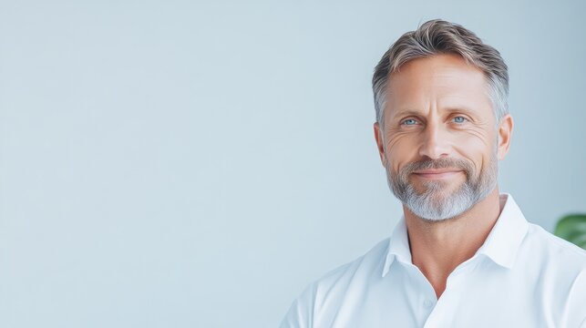 A portrait shows a middle-aged man with graying hair and a beard, smiling gently. He wears a crisp white shirt. The background is a plain light blue. The image is high quality, well-lit, and feature