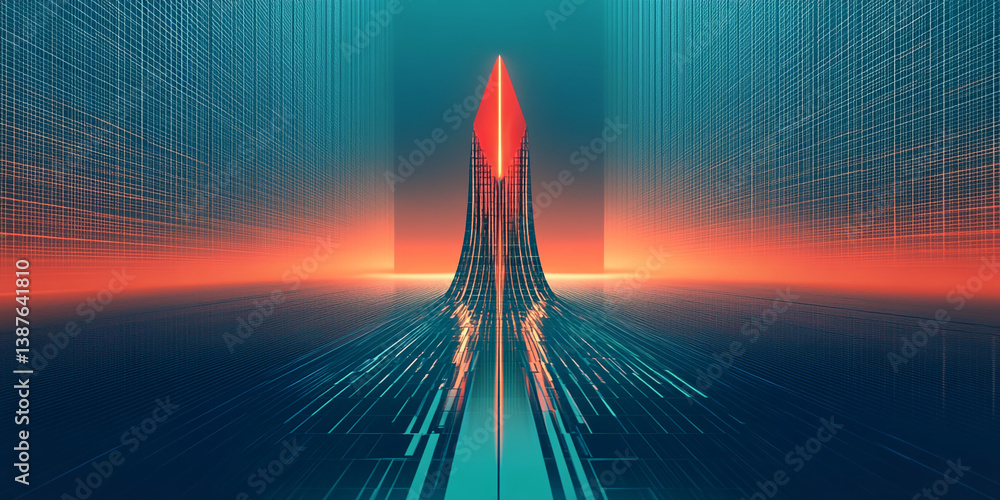 Poster abstract digital art depicting a red spire rising from a teal gridded landscape, creating a futurist