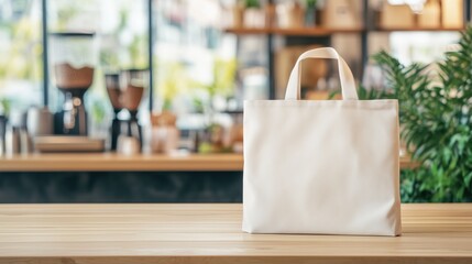 Canvas tote bag lying flat on rustic wooden surface, blurred cafe interior softening background, perfect for brand presentation
