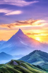 Fototapeta premium Sunrise over majestic mountain peak, misty valley