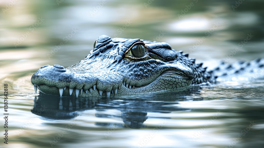 Poster close up of crocodile swimming with sharp textures visible