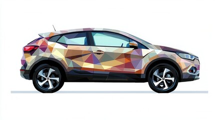 A luxurious low poly SUV design showcases premium detailing in a vibrant geometric pattern with a side profile view emphasizing its modern and stylish design.