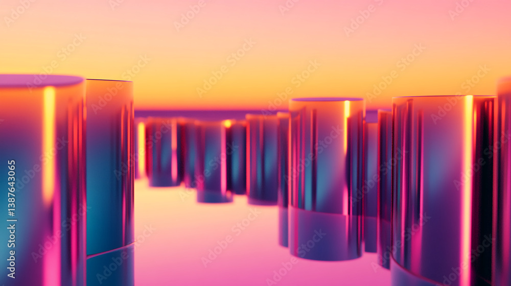Poster abstract image of vibrant pink and orange gradient cylinders, creating a dynamic and modern showcase