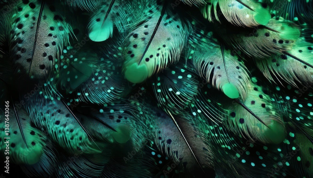 Poster vibrant green bird feather close-up with spotted pattern for nature inspired design, textile print, 