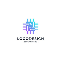 abstract microchip with a shiny gradient color for a technology industry logo