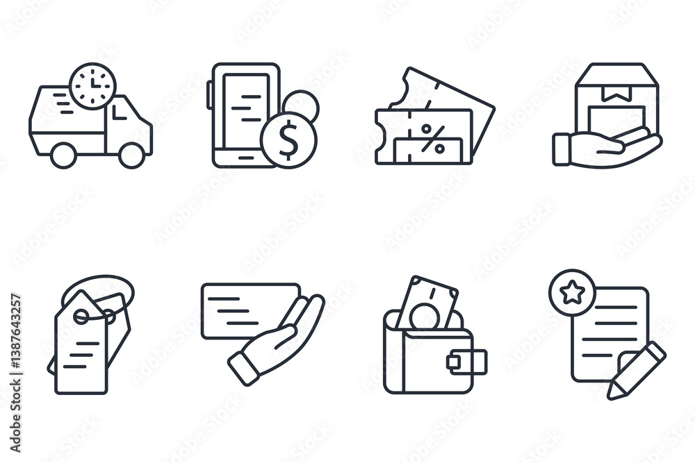 Poster shopping icon set.vector.editable stroke.linear style sign for use web design,logo.symbol illustrati