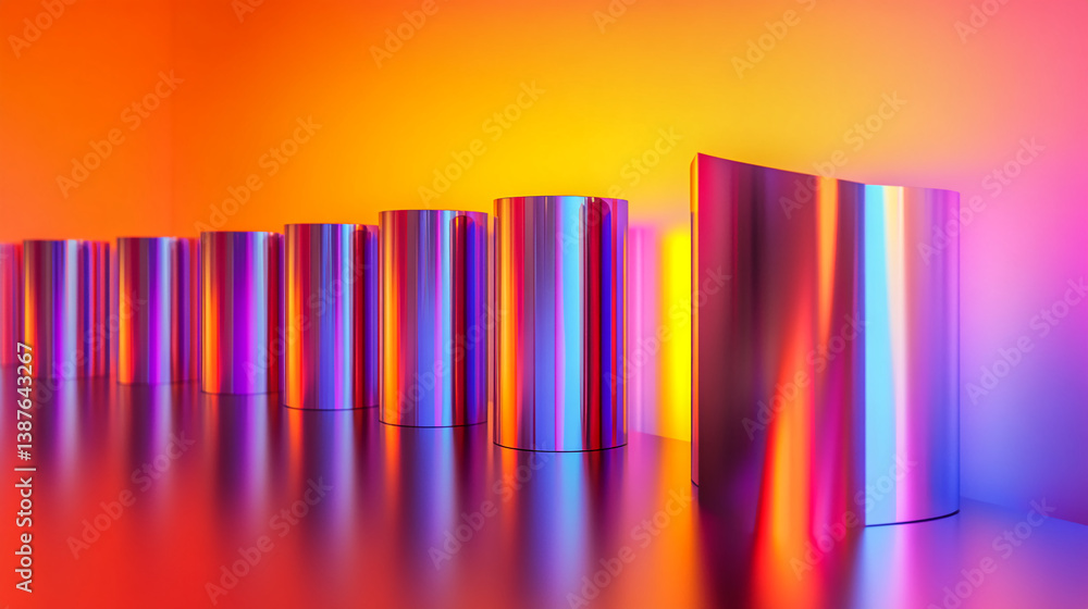 Poster row of iridescent cylinders on reflective surface, vibrant color gradient background, showcasing pro