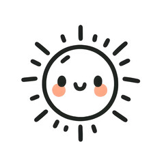 Radiant sun line art, black and white, cheerful summer illustration on white