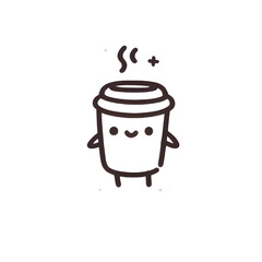 Happy coffee cup character line art, brown and white, joyful beverage illustration on white