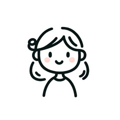 Smiling girl line drawing, black and white, happy child illustration against a white background